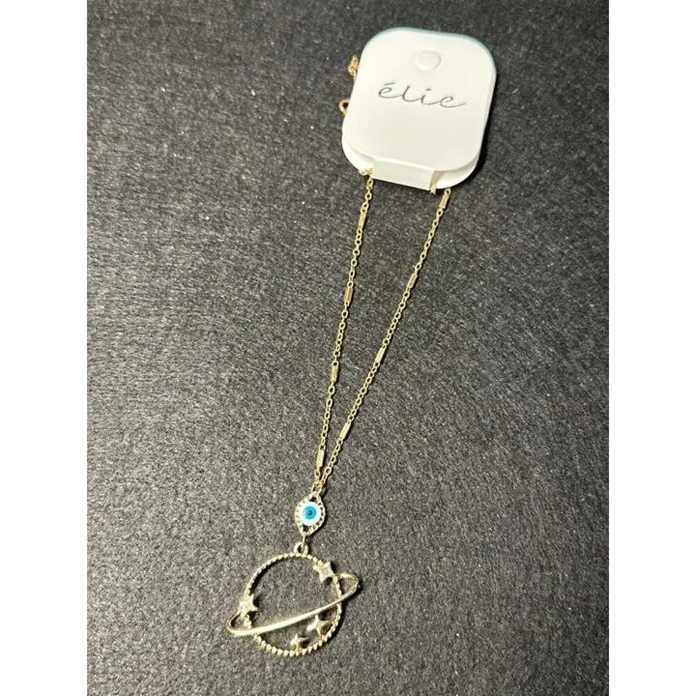 élie Gold Saturn Planet Evil Eye Charm Necklace Celestial NWT New Boho Jewelry